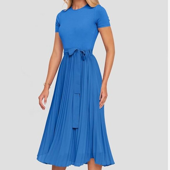 NWT (S) ZESICA Womens Summer Short Sleeve Midi Dresses Crew Neck Knit Belt - Picture 2 of 5